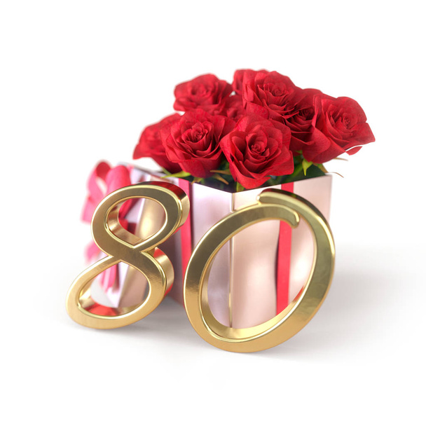 день рождения концепции с красными розами в подарок изолированы на белом фоне. восьмидесятых. 80-е. 3D рендеринг
 - Фото, изображение