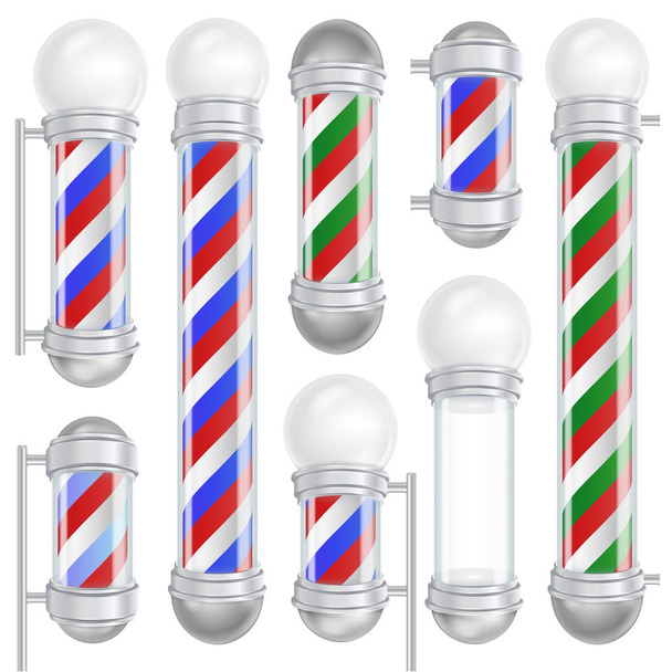 Berber Dükkanı Pole vektör. 3D klasik kuaför dükkanı Pole ayarlayın. Kırmızı, mavi, beyaz çizgili. Beyaz illüstrasyon izole - Vektör, Görsel