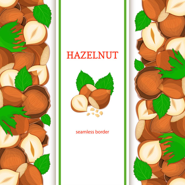 Hazelnut vertical seamless border. Vector illustration with composition of a delicious walnut nut fruit in the shell whole shelled leaves appetizing looking for packaging design healthy food. - Vector, Image
