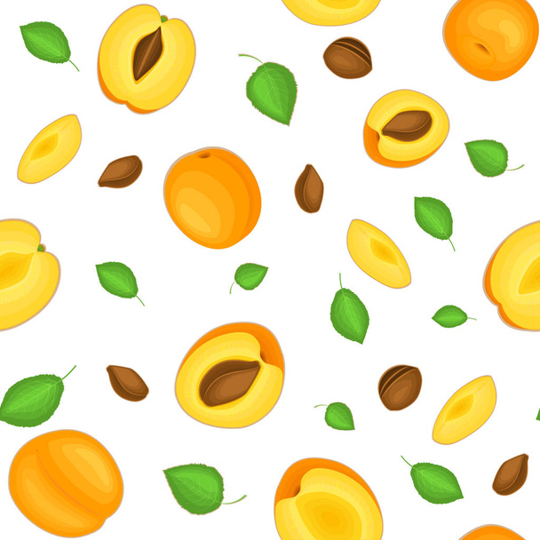 nahtloses Vektormuster heller Aprikosenfrüchte. weißer Hintergrund mit köstlichen Aprikosen, ganz, in Scheiben geschnitten, die Hälfte, Blätter. Abbildung kann für den Druck auf Gewebe, Textilien in Designverpackungen verwendet werden. - Vektor, Bild