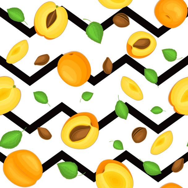 nahtloses Vektormuster reifer Aprikosen. gestreifter Zick-Zack-Hintergrund mit köstlichen saftigen Aprikosen, ganz, Scheibe, Hälfte, Blätter. Abbildung kann für den Druck auf Stoff, Design-Verpackungen verwendet werden. - Vektor, Bild