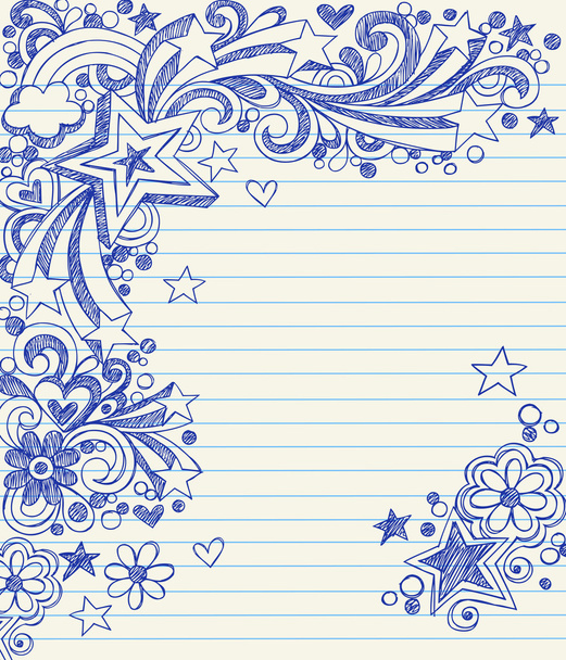 kézzel rajzolt vissza az iskolába starbursts, kavarog, szív és a csillagok vázlatos notebook osok - Vektor, kép