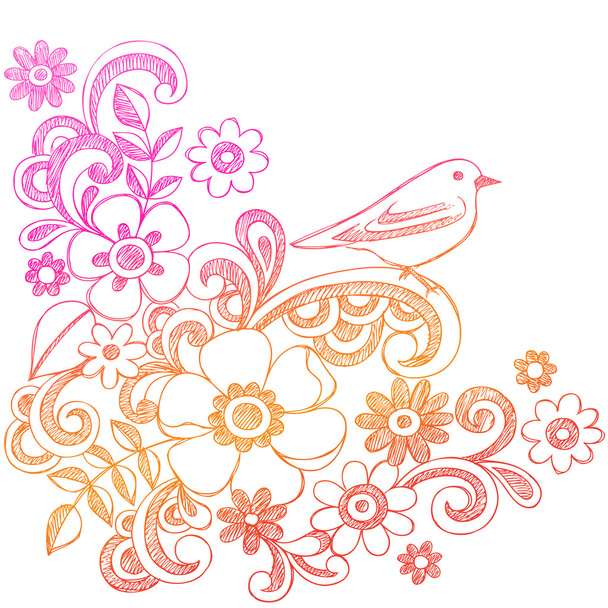 Doodles de cuaderno de flores y pájaros dibujados a mano
 - Vector, Imagen