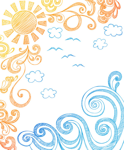 Sunny Summer Day and Ocean Waves Hand-Drawn Sketchy Notebook Doodles - Vector, Image