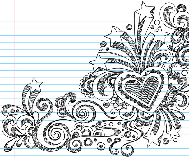 手描きの抽象的な心まんじ、花、および星の大ざっぱなノートの落書き - ベクター画像