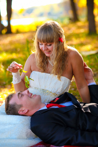 menyasszony és a vőlegény is sárga őszi erdőben romantikus elintézés - Fotó, kép