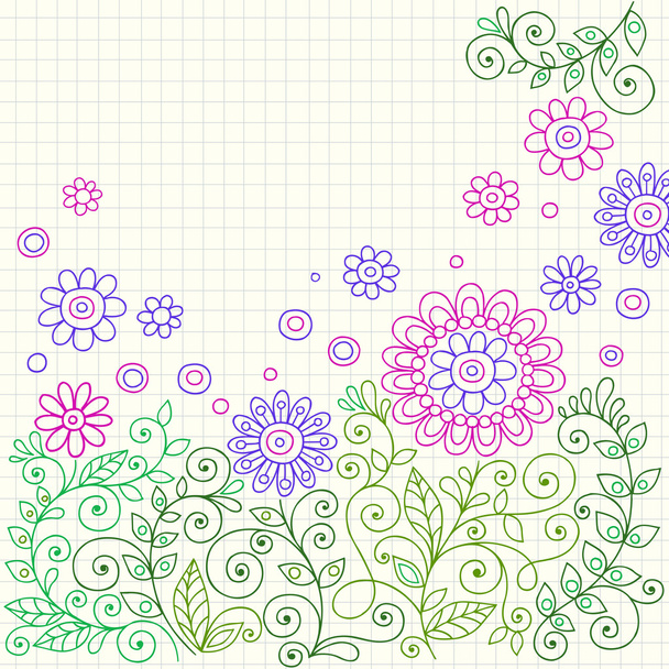 手描きの花、葉、および渦巻の大ざっぱなノートの落書き - ベクター画像