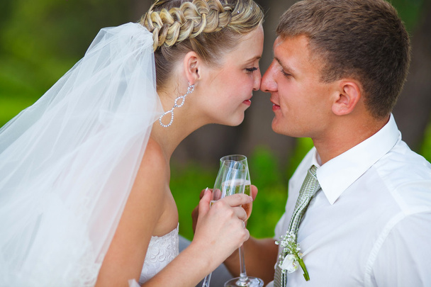 νύφη και γαμπρός νεόνυμφους στο γαμήλιο ζεύγος κρατώντας το ποτήρι του - Φωτογραφία, εικόνα