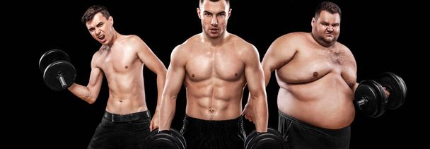 Ectomorph, mesomorph and endomorph . Before and after result. Sport concept. Group of three young sports men - fitness models holds the dumbbell on black background. Fat, fit and athletic men. - Photo, image
