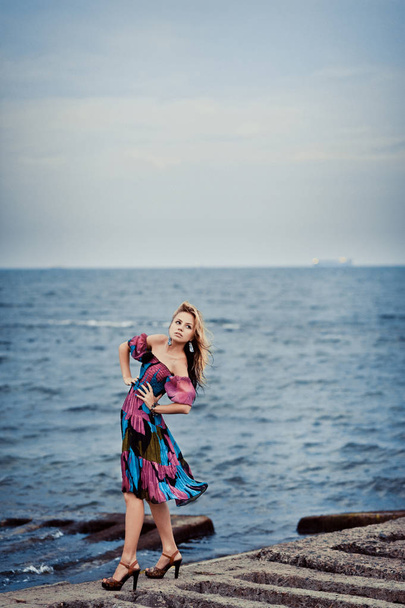 Girl in a colorful dress on the pier - Foto, imagen