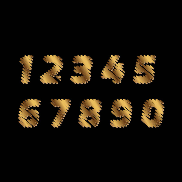 Vázlat számok - arany színű betűkkel készülnek, mint a firka. Vektor-koncepció gyűjteménye arany vázlat fonts elszigetelt fehér háttér metafora, az iskola, oktatási, művészeti, graffiti - Vektor, kép