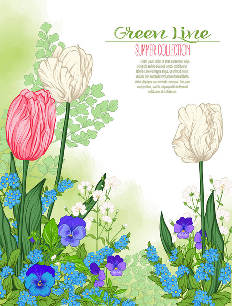 Koostumus kevään kukkia: tulppaanit, narsissit, orvokit, varten
 - Vektori, kuva