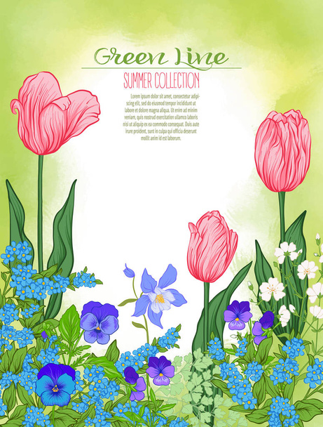 Композиція з весняними квітами: тюльпани, нарциси, фіалки, для
 - Вектор, зображення