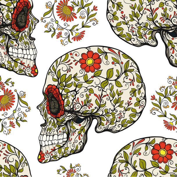 Безшовний візерунок, фон з цукровим черепом та квітковим візерунком
 - Вектор, зображення