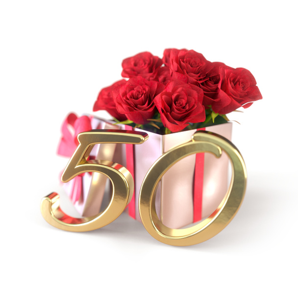 Geburtstags-Konzept mit roten Rosen in Geschenk isoliert auf weißem Hintergrund. Fünfzig. 50. 3D-Darstellung - Foto, Bild