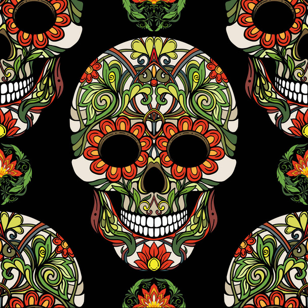 Patrón sin costuras, fondo con cráneo de azúcar y estampado floral
 - Vector, Imagen