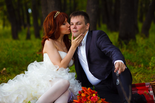 Couple marié et mariée assis sur l'herbe verte, un pique-nique dans les bois
 - Photo, image