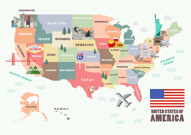 Mapa de los Estados Unidos de América con atracciones famosas
 - Vector, imagen