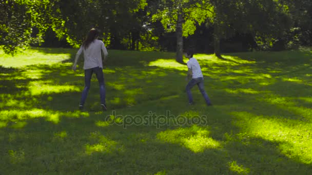 Mom and boy playing catch-up on the glade - Footage, Video