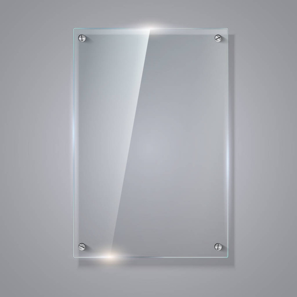 Blank, transparent vector glass plate. Vector template, vertical banner with copy-space. Photo realistic texture with highlights and glow on the background. See through the plastic, 3D illustration - Vektör, Görsel