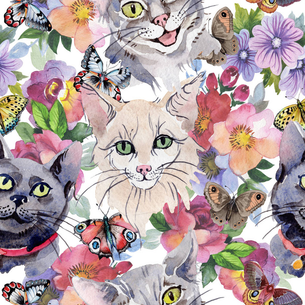 Cat wild animal pattern in a watercolor style. - Photo, Image