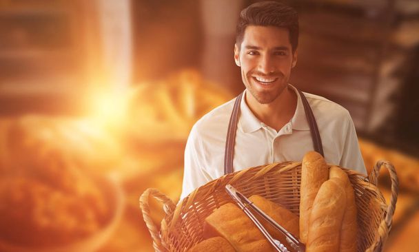 baker holding bread in whisker basket  - Foto, imagen