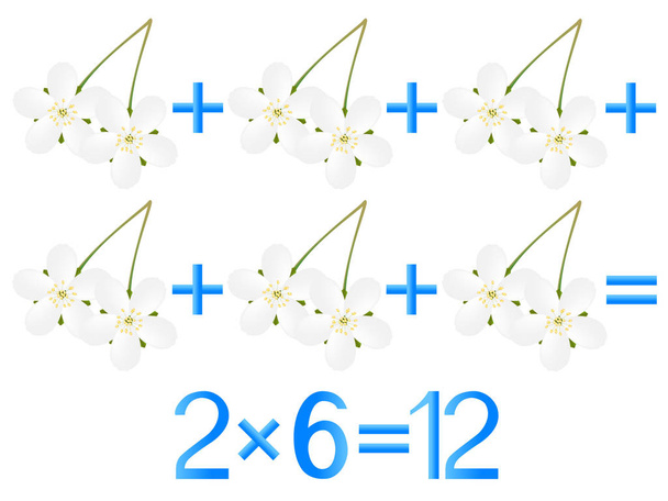Giochi educativi per bambini, azione di moltiplicazione, esempio con fiori di ciliegie
. - Vettoriali, immagini