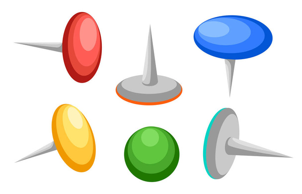 Collection of various push pins. Thumbtacks. Top view. Vector illustration. Isolated on white background. Set. Front view. Top view. Close up. Web site page and mobile app design vector illustration. - Vector, Image