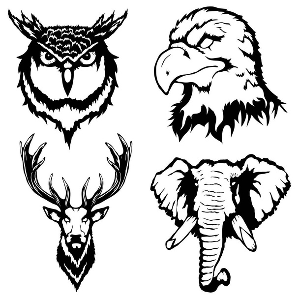 Ilustración aislada de la cabeza de un águila, búho, ciervo y elephan
 - Vector, Imagen