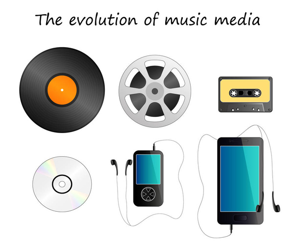 Music storage devices - vinyl record, tape reel, compact tape cassette, CD and mp3 player. Audio recording devices. - Vektori, kuva