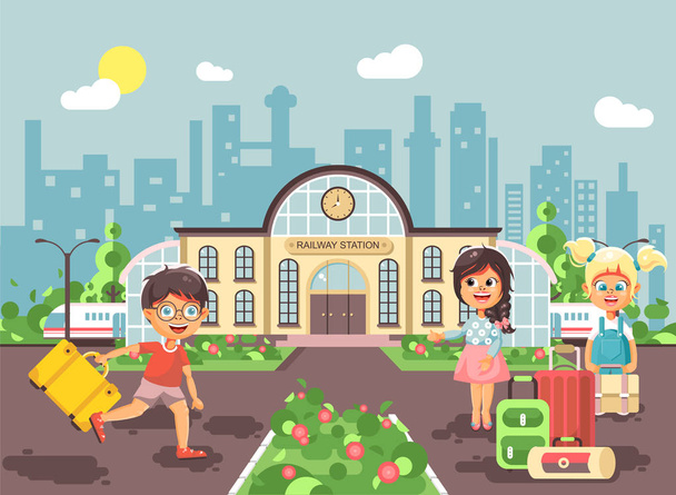 Çizgi film karakterleri çocuklar, geç çocuk çalışan, çanta ve valiz tren düz stil şehir arkaplan bekliyor ile bina tren istasyonunda duran iki küçük kız vektör çizim - Vektör, Görsel