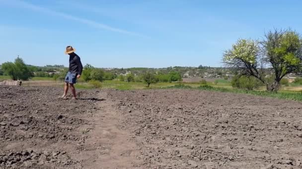 Farmer in a hat sits a garden - Footage, Video