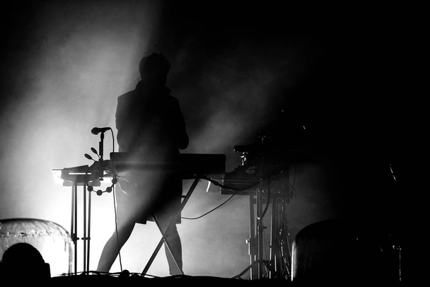 Silhouette of a keyboardist in stage lights - 写真・画像