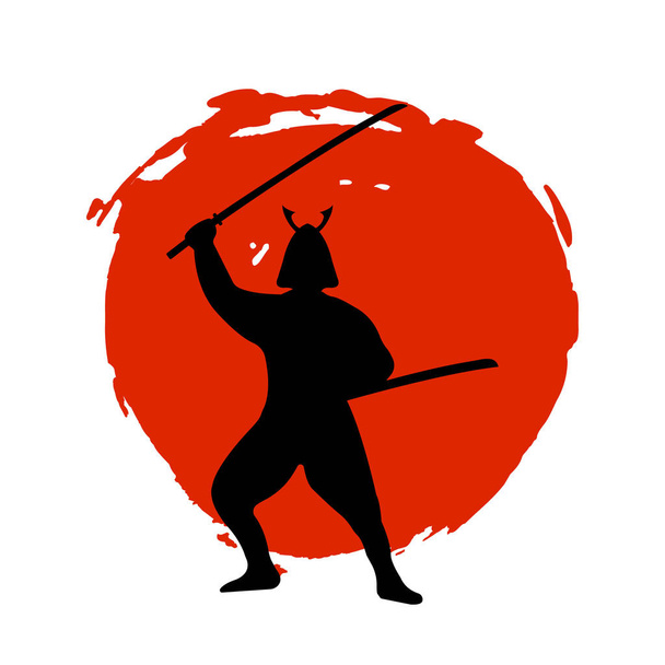 Samuray savaşçı siluet kırmızı ay ve beyaz arka plan üzerinde. - Vektör, Görsel