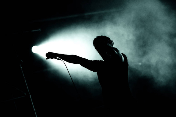 Silhouette of a singer holding microphone - Valokuva, kuva