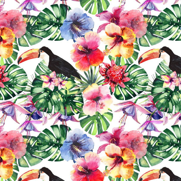 Όμορφο φωτεινό υπέροχο πολύχρωμο τροπικό Χαβάη φλοράλ καλοκαίρι φυτικό μοτίβο τροπικά λουλούδια ιβίσκου και ορχιδέες, φύλλα φοίνικες και τροπική toucans ακουαρέλα χέρι σκίτσο - Φωτογραφία, εικόνα