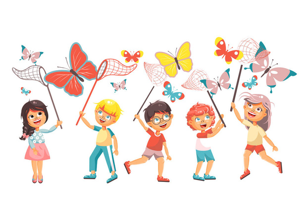 Vektorové ilustrace izolované kreslená postava dětí, mladých přírodovědců, biolog chlapci a dívky chytit barevné motýly se sítí, sítí na kopeček, hoop sítě na bílém pozadí v plochý - Vektor, obrázek