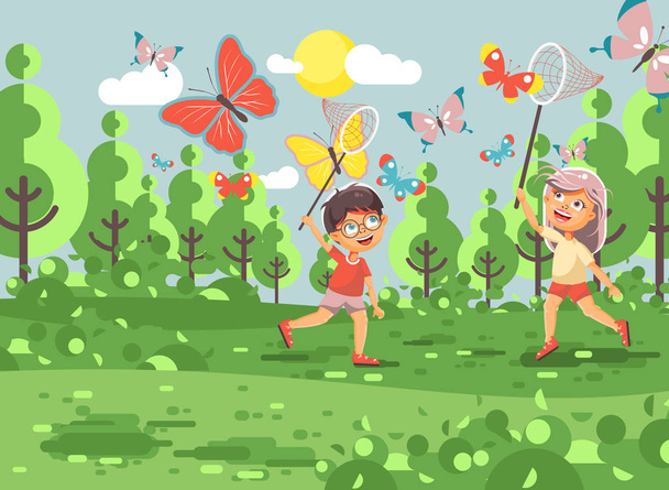 Vector illustration cartoon character two children, young naturalists, biologist boy and girl catch colorful butterflies with nets, scoop-nets, hoop-nets white background in flat style - Vector, Image
