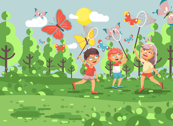 Ilustración vectorial personaje de dibujos animados niños, jóvenes naturalistas, niños biólogos y niñas atrapan mariposas coloridas con redes, redes de cuchara, redes de aro en la naturaleza fondo al aire libre en estilo plano
 - Vector, imagen