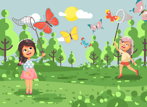 Vektor Illustration Cartoon-Figur einsame Kinder, junge Naturforscher, Biologe zwei Mädchen fangen bunte Schmetterlinge mit Netz, Schaufelnetz, Reifen-Netz auf Natur Outdoor-Hintergrund in flachem Stil - Vektor, Bild