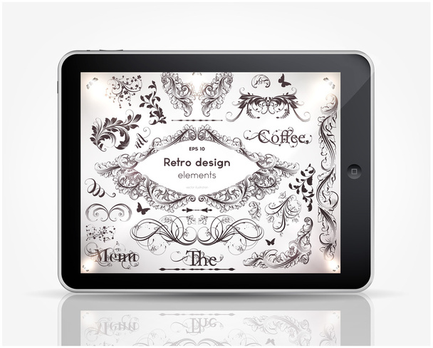 Tablet Computer with vintage ornaments and frame elements set for retro design. - Vector, afbeelding