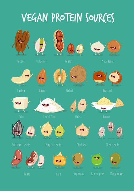 Caracteres de desenhos animados de proteína vegan
  - Vetor, Imagem