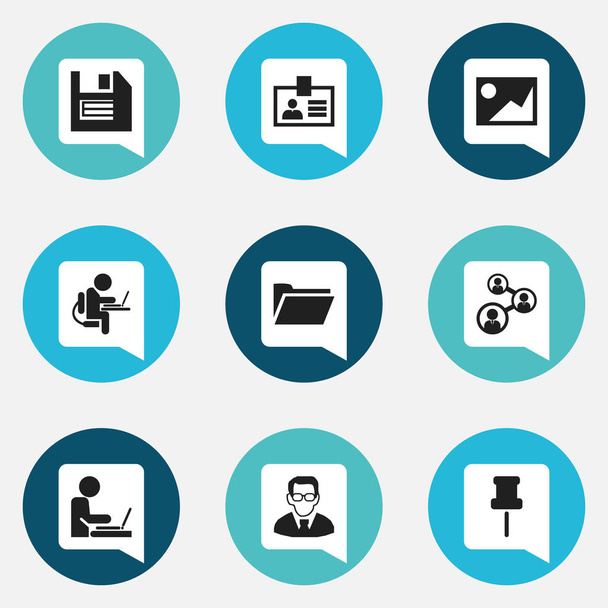 Conjunto de 9 iconos editables de la oficina. Incluye símbolos tales como imagen, marcador, profesor y más. Puede ser utilizado para el diseño de la tela, móvil, interfaz de usuario e infografía
. - Vector, Imagen