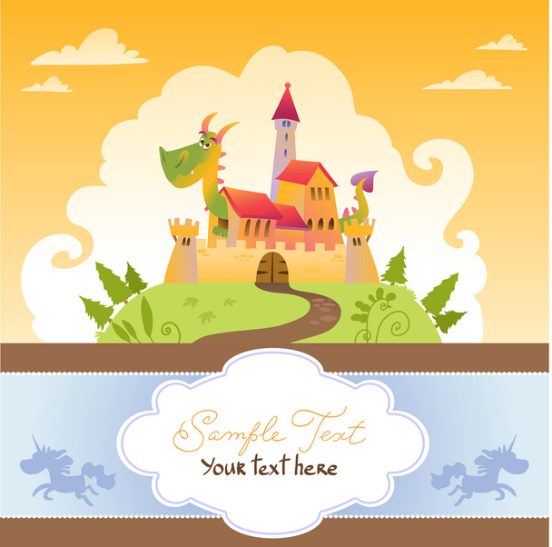 Card With Cartoon Dragon in Castle - Vector, Image