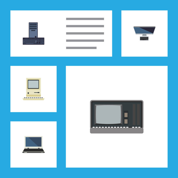 Flat Icon Computer Set Of PC, Processor, Vintage Hardware And Other Vector Objects. Also Includes Retro, Laptop, Keyboard Elements. - Vetor, Imagem