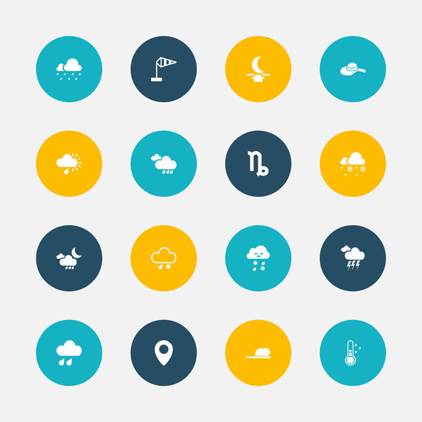 Készlet 16 szerkeszthető levegő ikonok. Magában foglalja a szimbólumok, szitáló eső, viharos, mint a Pinpoint webhelyen, és több. Lehet használni a Web, mobil, Ui és Infographic Design. - Vektor, kép