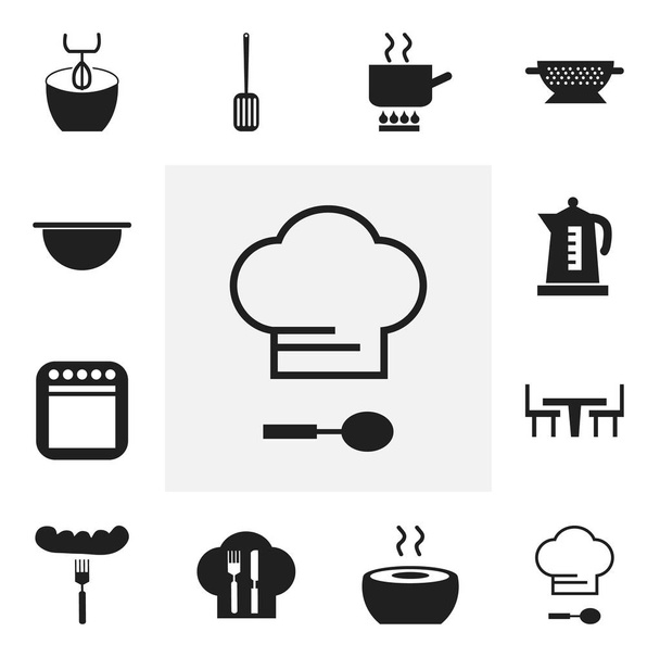 Set Of 12 Editable Cook Icons. Includes Symbols Such As Kettle, Dining Table, Drainer And More. Can Be Used For Web, Mobile, UI And Infographic Design. - Vector, Image