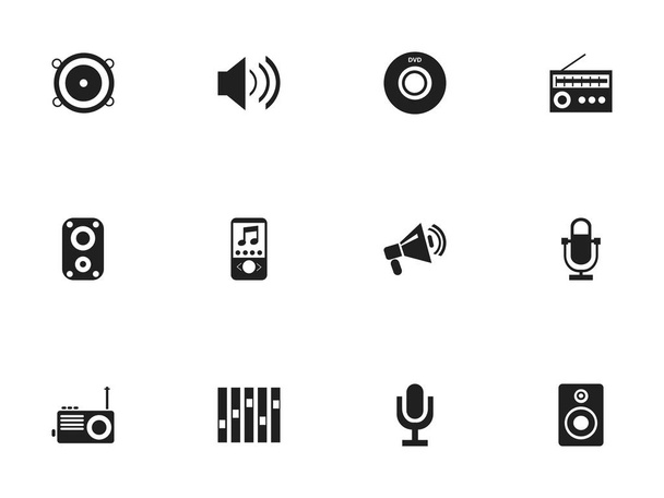 Zestaw 12 ikon edycji Mp3. Zawiera symbole, takie jak głośność głośnika, Digital Versatile Disc, rejestrator i więcej. Mogą być używane dla sieci Web, mobilnych, interfejsu użytkownika i Infographic Design. - Wektor, obraz