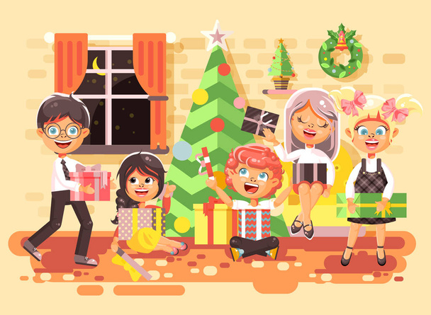 Illustrazione vettoriale personaggi dei cartoni animati bambini, ragazzi e ragazze in camera sotto l'albero di Natale, felice anno nuovo e Natale, dare regali, gioire e celebrare elemento di stile piatto per il design del movimento
 - Vettoriali, immagini