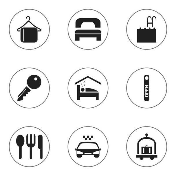 Set von 9 editierbaren Reisesymbolen. beinhaltet Symbole wie offenes Zeichen, Kleiderbügel, Freigabe des Zugangs und vieles mehr. kann für Web-, Mobil-, UI- und Infografik-Design verwendet werden. - Vektor, Bild